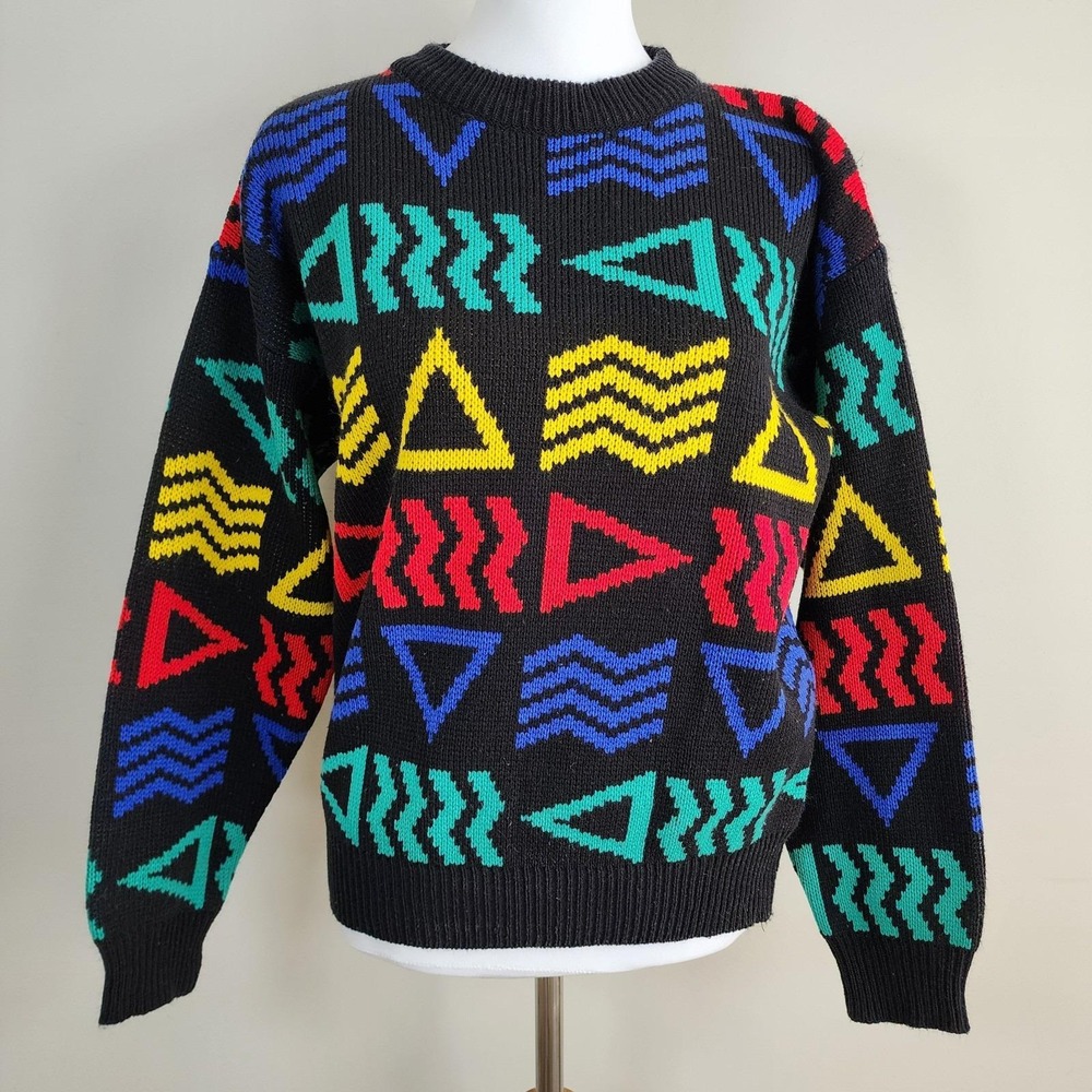 VTG 80s Ocean Pacific Sweater‎ Womens S Abstract Geometric Memphis Surf Acrylic